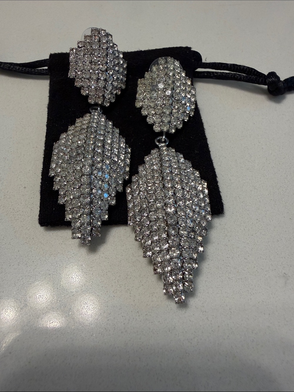 Crystal Leaf Drop Statement Earrings - Silver Tone